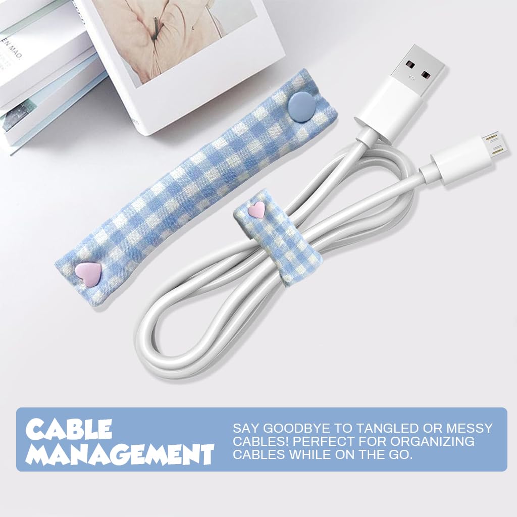 ZIBUYU Travel Cable Organizer Strap for Chargers with 7 cm Compact Size and Snap Closure | Padded Cotton Check Fabric Cord Holder