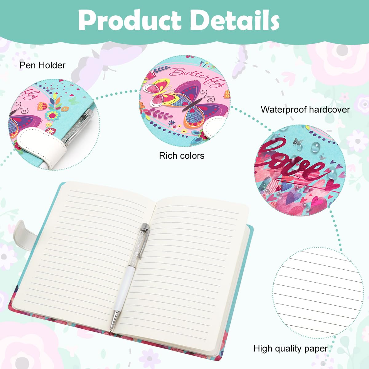 Climberty Butterfly Diary for Girls with Closure and Ballpoint Pen 7.5 x 5.3 in | Soft PU Cover Notebook