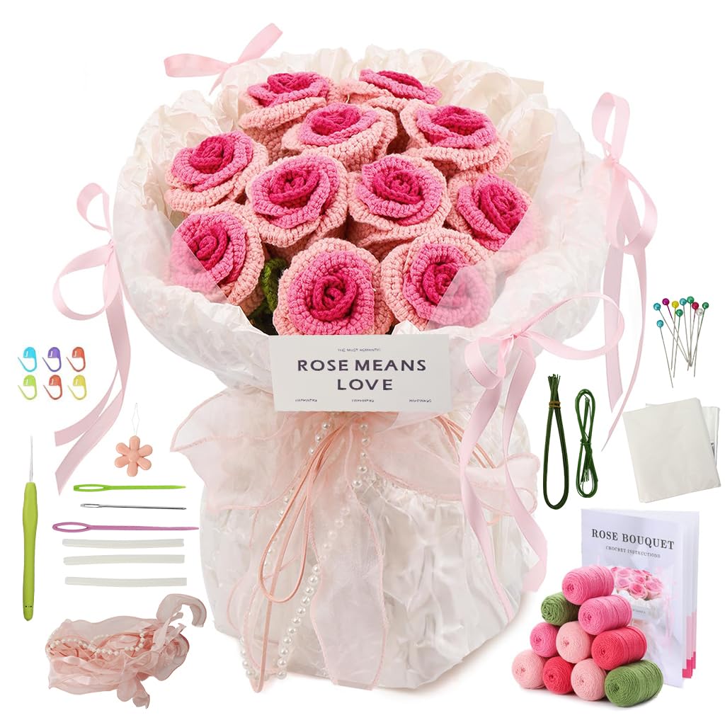 HASTHIP® DIY Rose Bouquet Crochet Material Kit Gradient Pink Rose Bouquet Crochet Kit with Yarn, Crochet Hook, Stitch Marks, Step By Step Tutorial, DIY Crochet Art Kit Christmas Birthday Gift