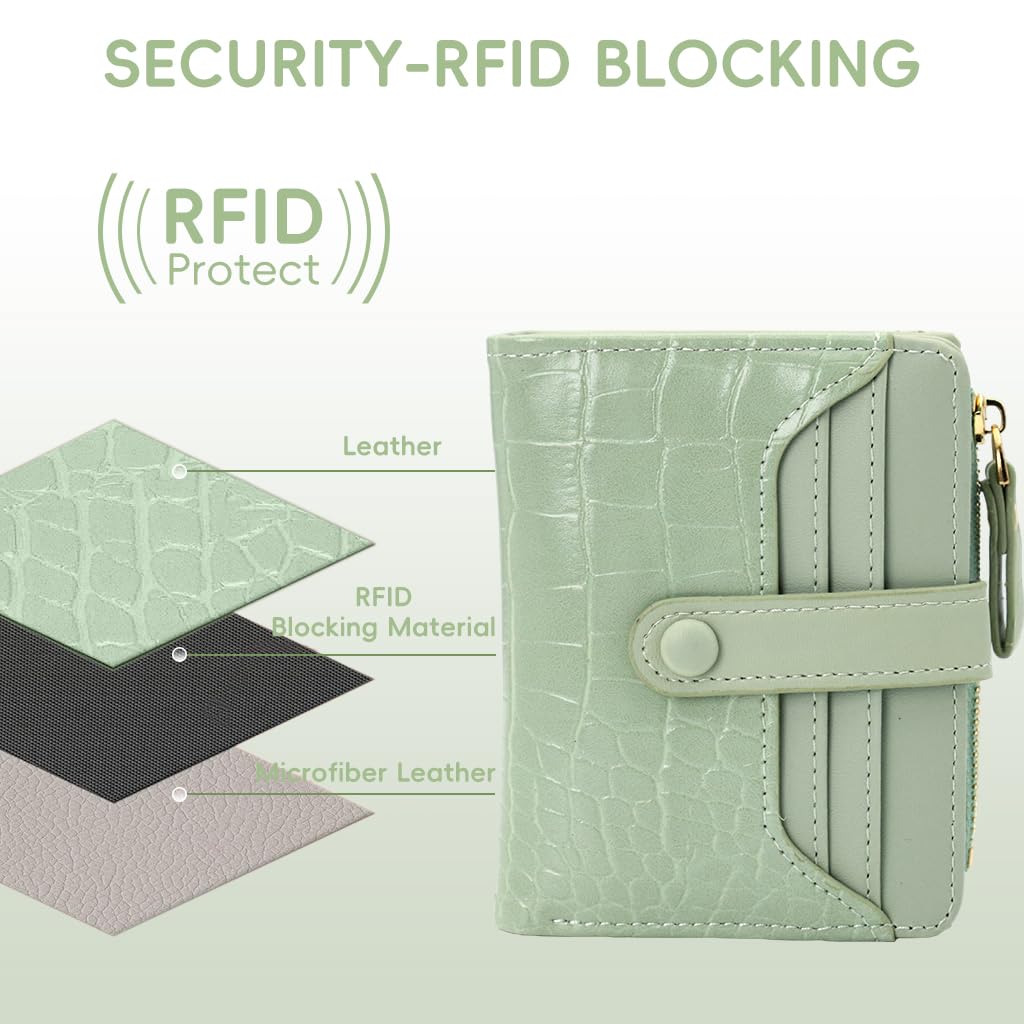 ZIBUYU Women Purse for Daily Use with 8 Card Slots & Snap Button Closure | Mint Green PU Wallet 11.5x9cm