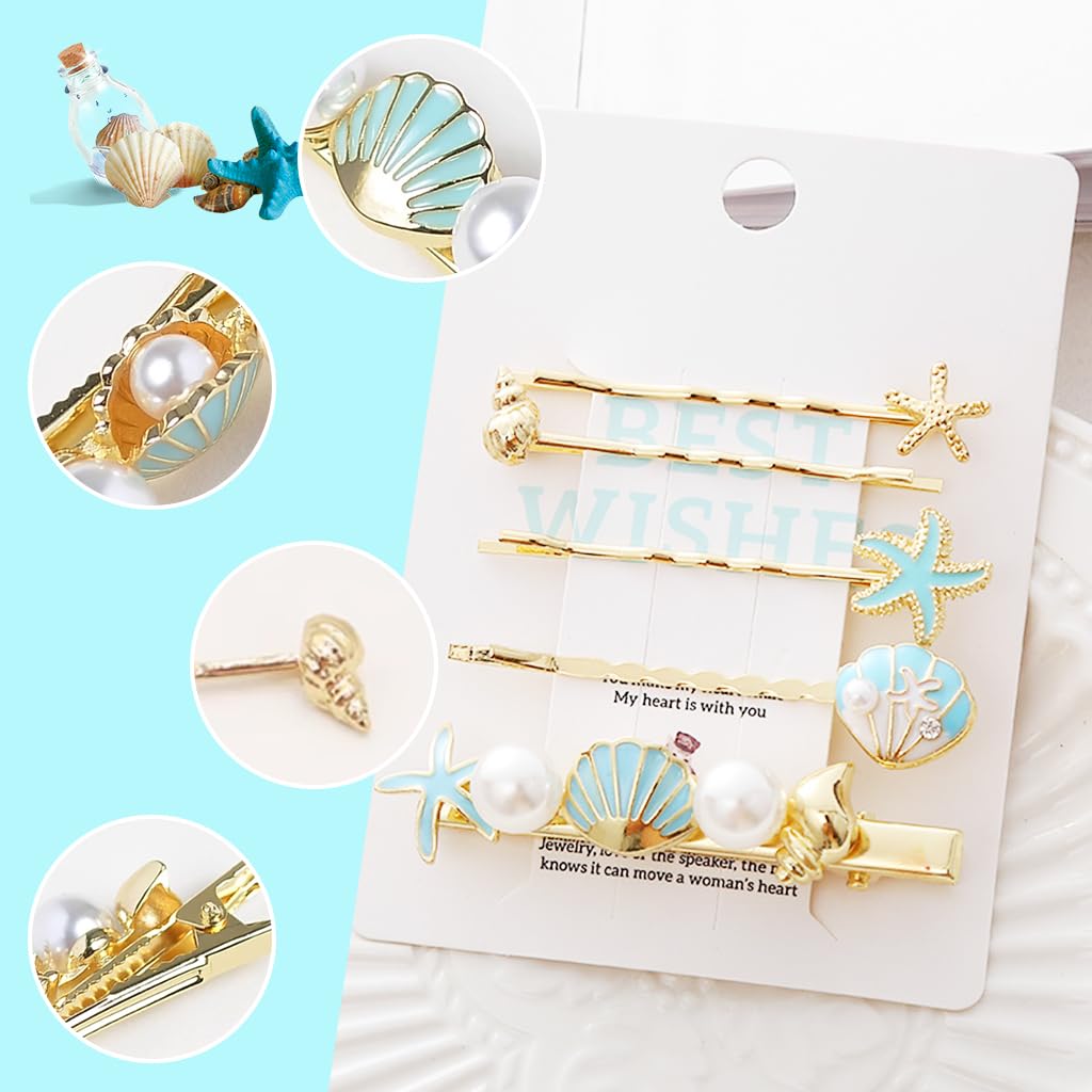 Venzina Hair Clips for Girls and Women featuring Pearl Starfish Seashell Pins in Gold | 5Pcs Set