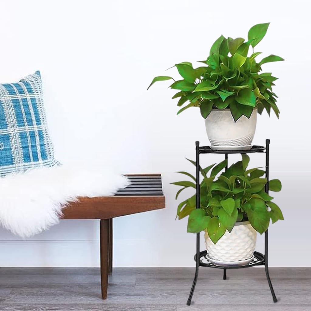 HASTHIP Double Layer Plant Stand for Indoor and Outdoor Use featuring Hollow Out Trays | 60cm Metal Holder in Elegant White