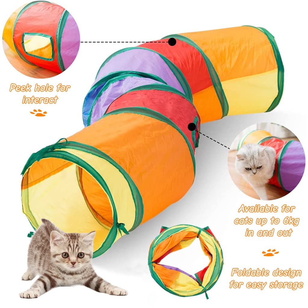 Qpets® 20 PCS Cat Toys for Kittens Set, Collapsible Cat Rainbow Tunnels for Indoor Cats, Family Set Cat Teaser Toy Cat Feather Toy Fluffy Mouse Crinkle Balls Toys for Cat Puppy Kitty