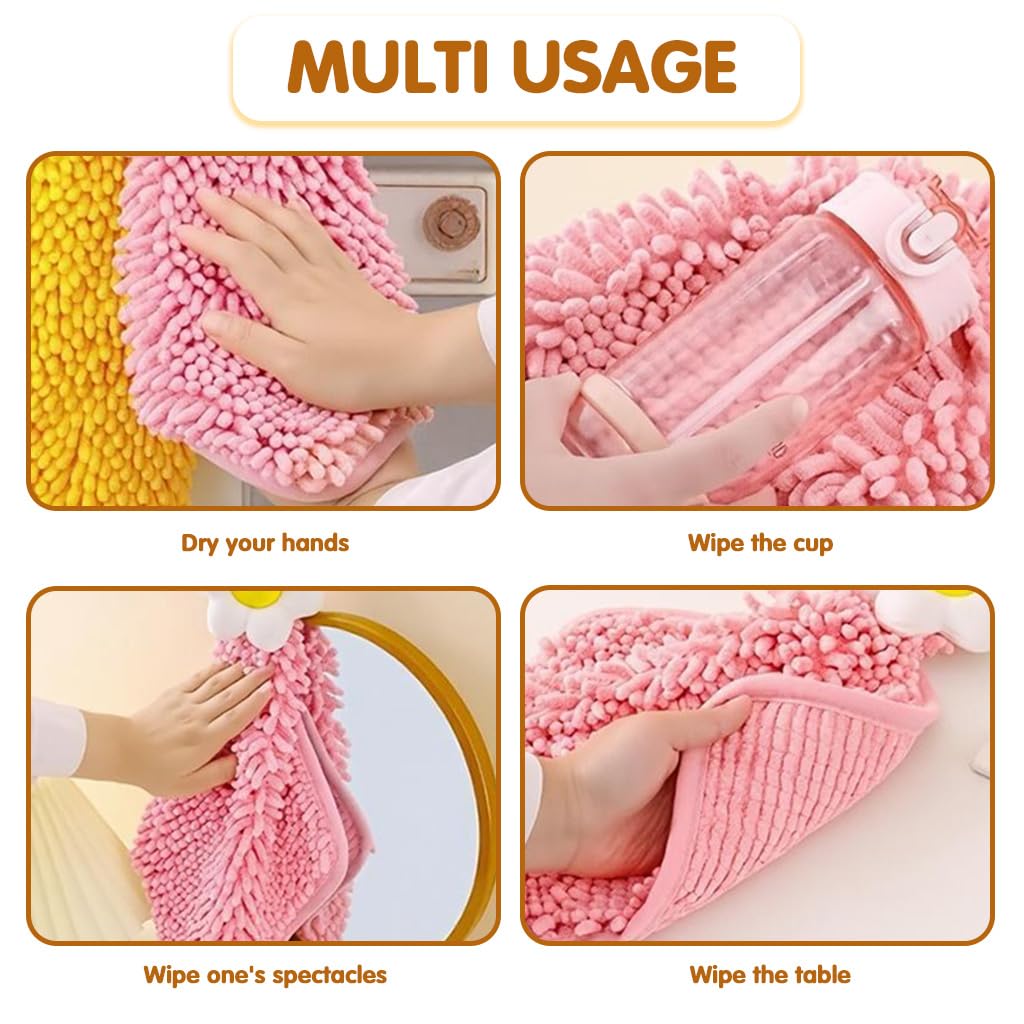 Supvox Hanging Kitchen Hand Towels for Restroom with Hanging Loop & Quick Dry | Pack of 2 Chenille Flower Design