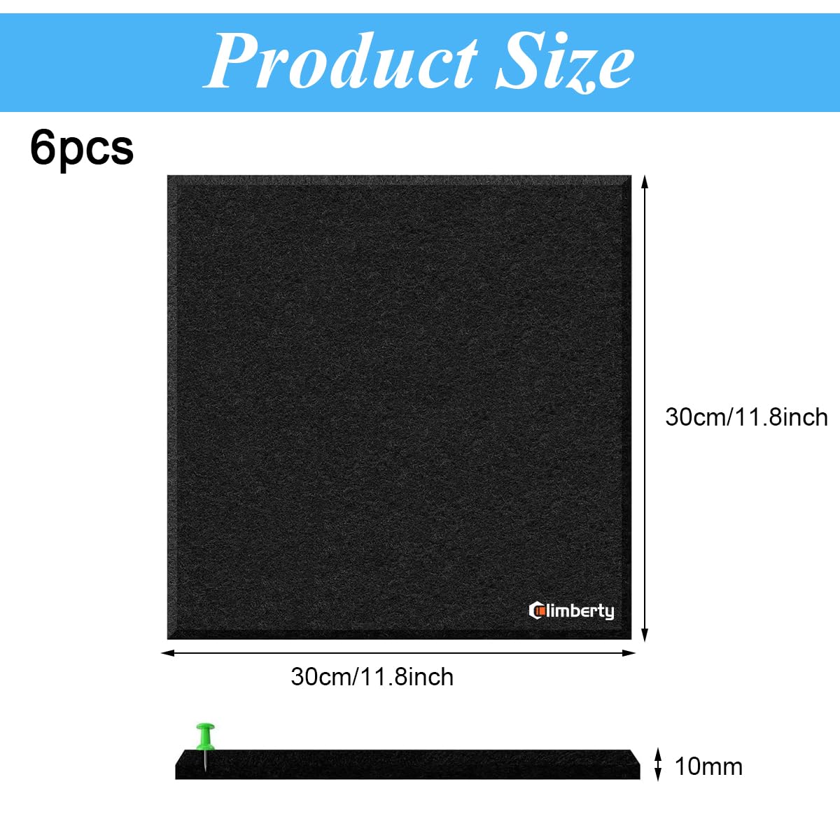 Climberty Felt Bulletin Board for Home with 6 Self Adhesive 30x30cm Panels and 50 Pins | Black