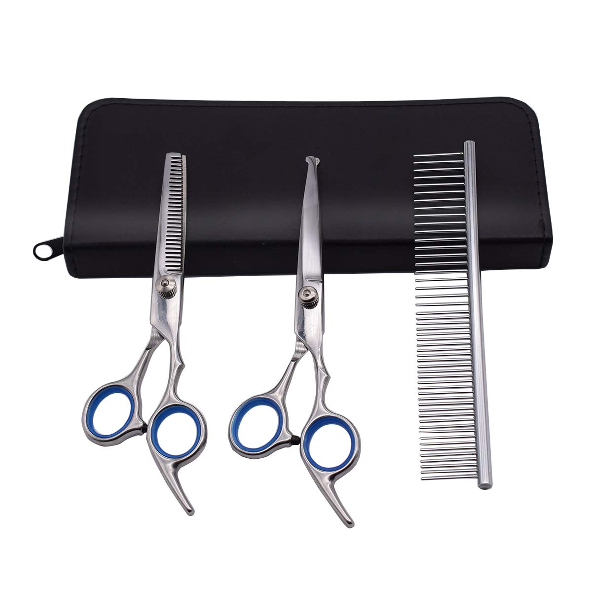 Qpets Dog Grooming Scissors Kit with Safety Round Tips Stainless Steel Professional Dog Hair Cutting Scissors - Thinning, Straight, Curved Shears and Comb for Long Short Hair for Dog Cats(3 PCS)