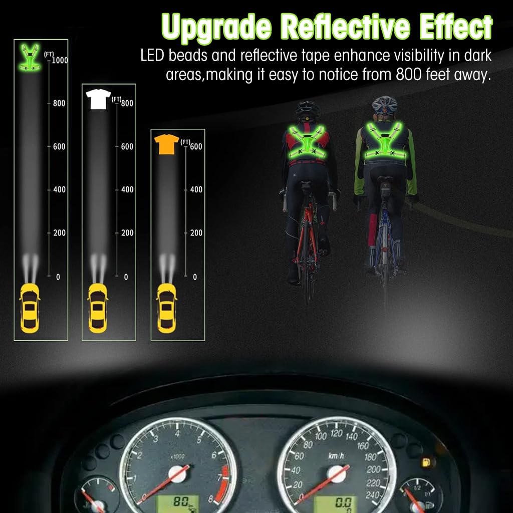PROBEROS Safety Vest for Running and Cycling with USB LED 3 Lighting Modes | Adjustable Green Reflective Vest for Men and Women