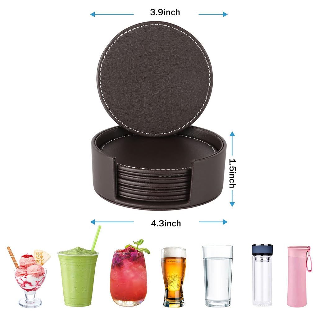 HASTHIP Leather Coasters Set for Table Protection with Holder and PU Insulation | Brown 6Pcs