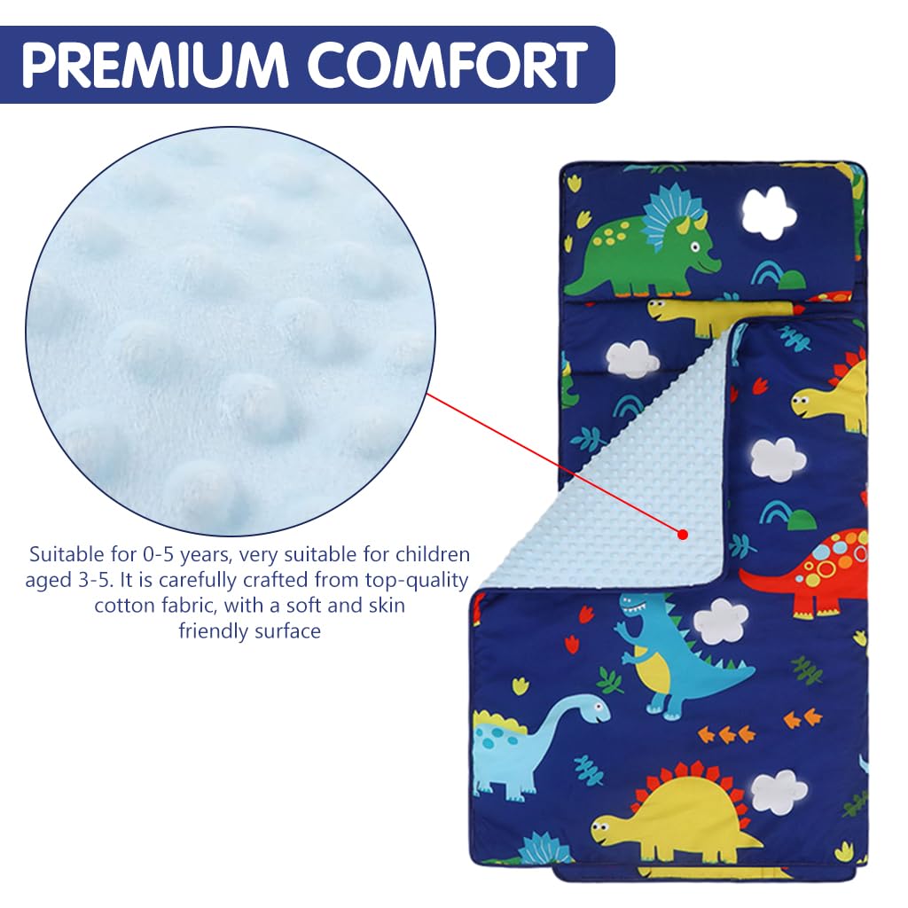SNOWIE SOFT Kids Blanket 49.2x19.6 in for Sleeping Mat Use with Pillow & Folding Handle | Soft Polyester Cotton Dinosaur Print for Ages 3–5