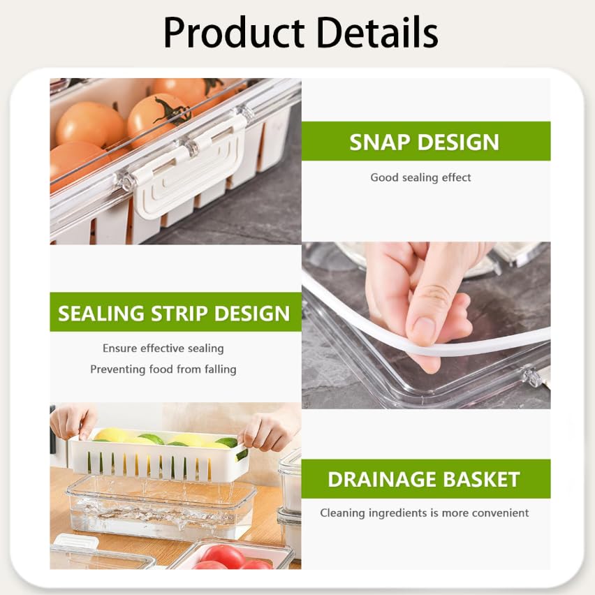 Zibuyu Fridge Storage Containers with Drain Basket and Airtight Lid for Fresh Produce | PET Crisper Box for Kitchen and Picnic Use