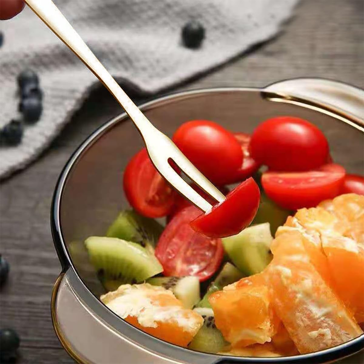 Supvox Fruit Fork Set for Parties and Weddings with Dual Prong Design 12Pcs 5.1 in Stainless Steel in Golden and Silver