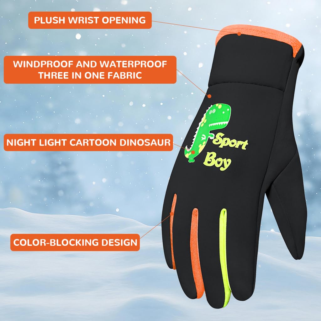 PROBEROS Child Winter Riding Gloves with Reflective Dino Pattern and Coral Fleece Liner for Kids Aged 3–8 | Windproof & Splashproof Outdoor Sports Warmth to -5°C