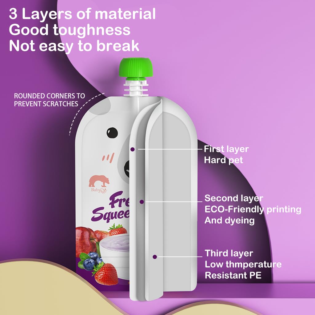 SNOWIE SOFT® 20PCS Reusable Baby Food Squeezable Pouch for Milk Juices Portable Bottom Double Sealing Strip Design Leak Proof Food Grade Storage Easy to Refill and Clean 200Ml Purple