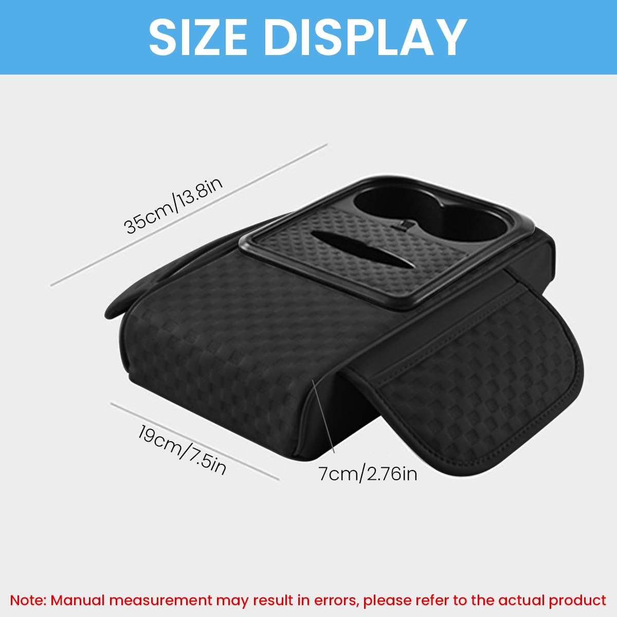 STHIRA Car Armrest Cushion for Center Console with Cup Holder Tissue Box & Side Pocket 35×7×19cm