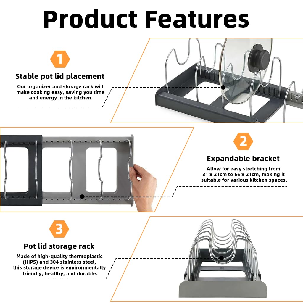HASTHIP Pot Lid Holder for Kitchen Organization with 7 Slot Steel Wire Racks | Countertop Organizer