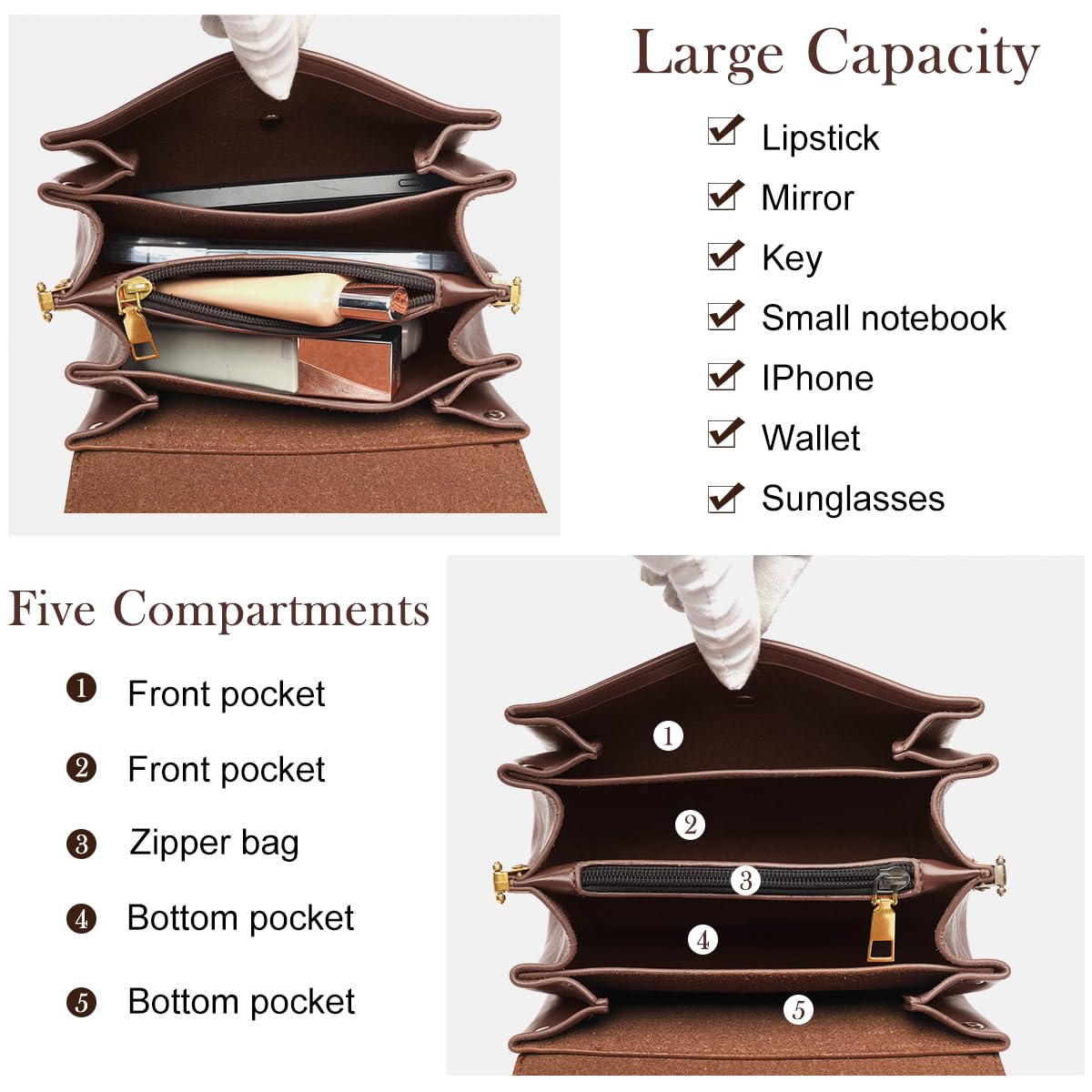 PALAY Shoulder Bag for Women featuring 5 Compartments and Snap Closure 19x13x12cm | Vintage Brown PU Crossbody