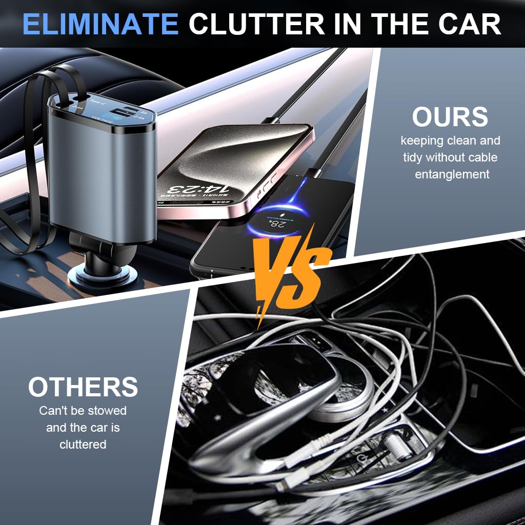 STHIRA Retractable Car Charger for Travel with 120W Power and 31.5in Cables | 4 Ports