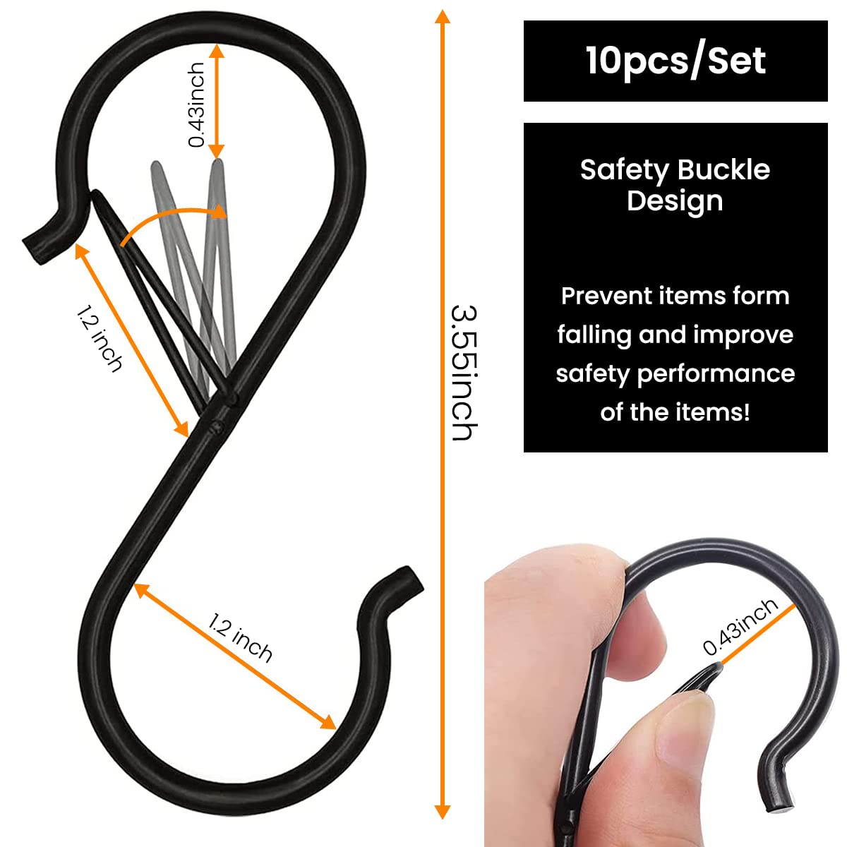 HASTHIP S Shaped Hooks for Kitchen and Closet with Press to Open Buckle Clip 10pcs 3.5 in | Black Metal Hanging Hooks for Plants Pots and Bags