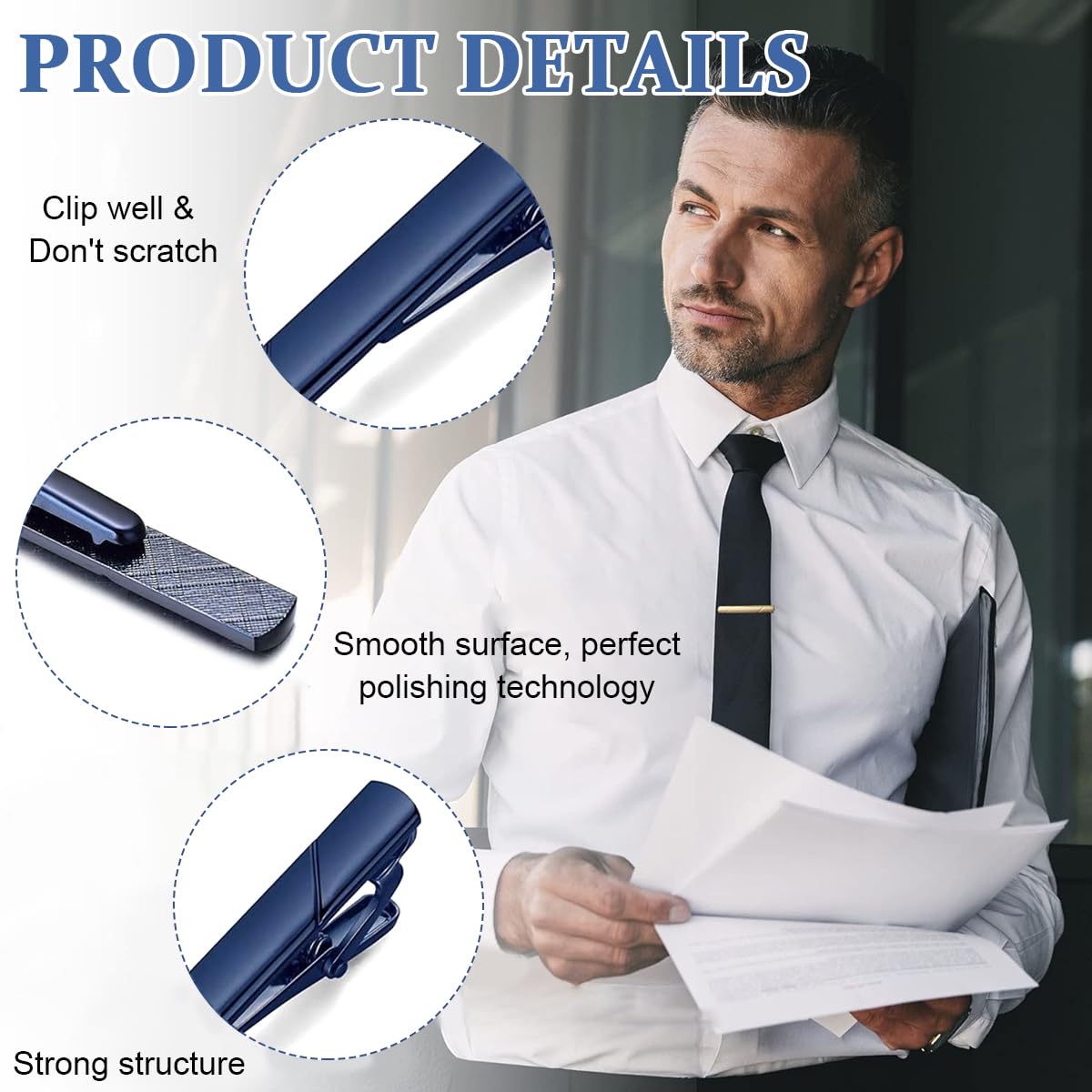 Venzina Tie Clip Set for Men with 4 Metal Clasps in Blue Black Gold and Silver | Gift Box