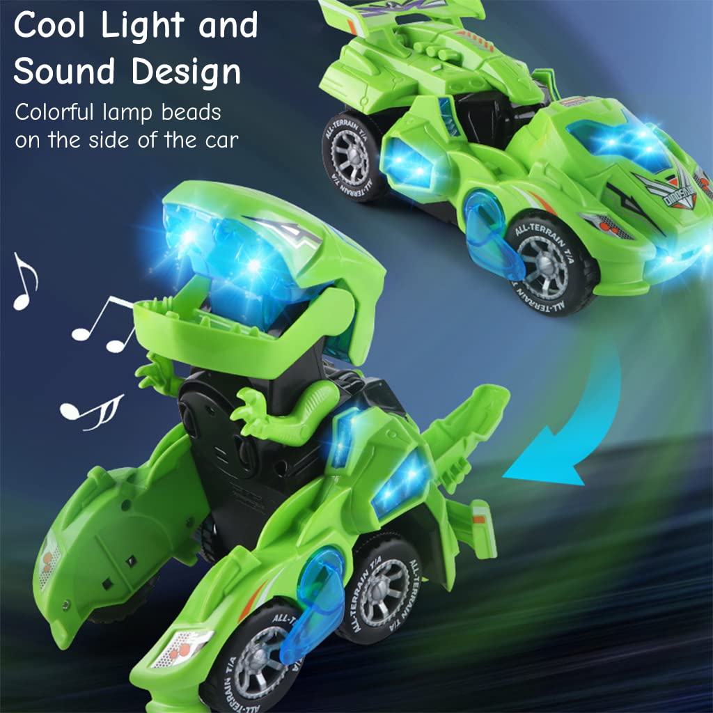 Qpets Dinosaur Car Toy with Sound and Light for Kids featuring Auto Transform | Green