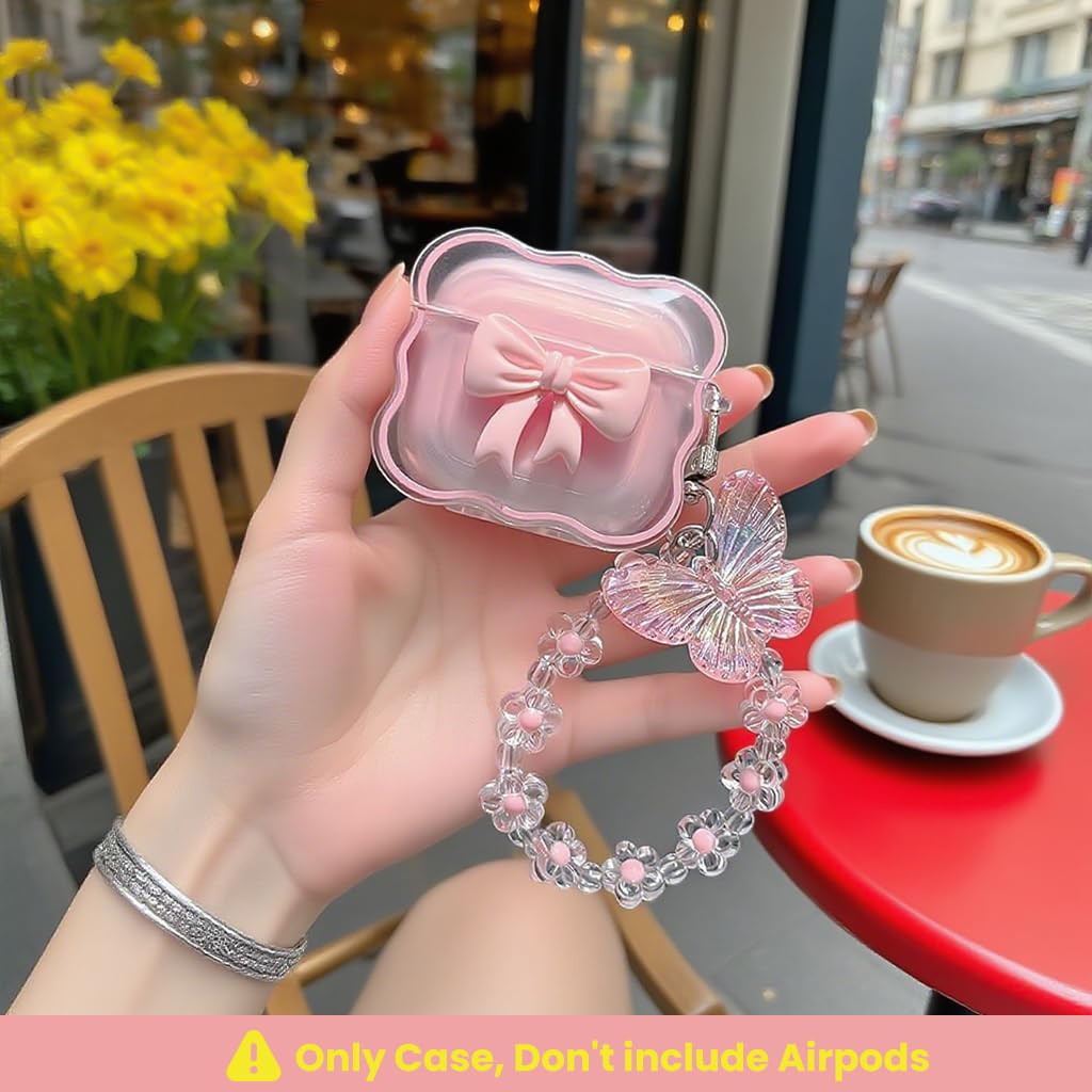 ZORBES AirPods 4 Case with Pink Bow Charm and Butterfly Floral Lanyard | Silicone Cover