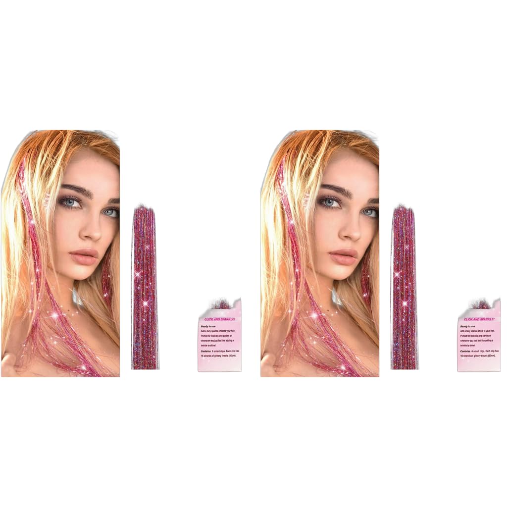 MAYCREATE Hair Tinsel Clip in Glitter Extensions 12PCS 20.5in with Secure Clips for Women and Girls | Pink Shiny Strands for Festival Party Cosplay