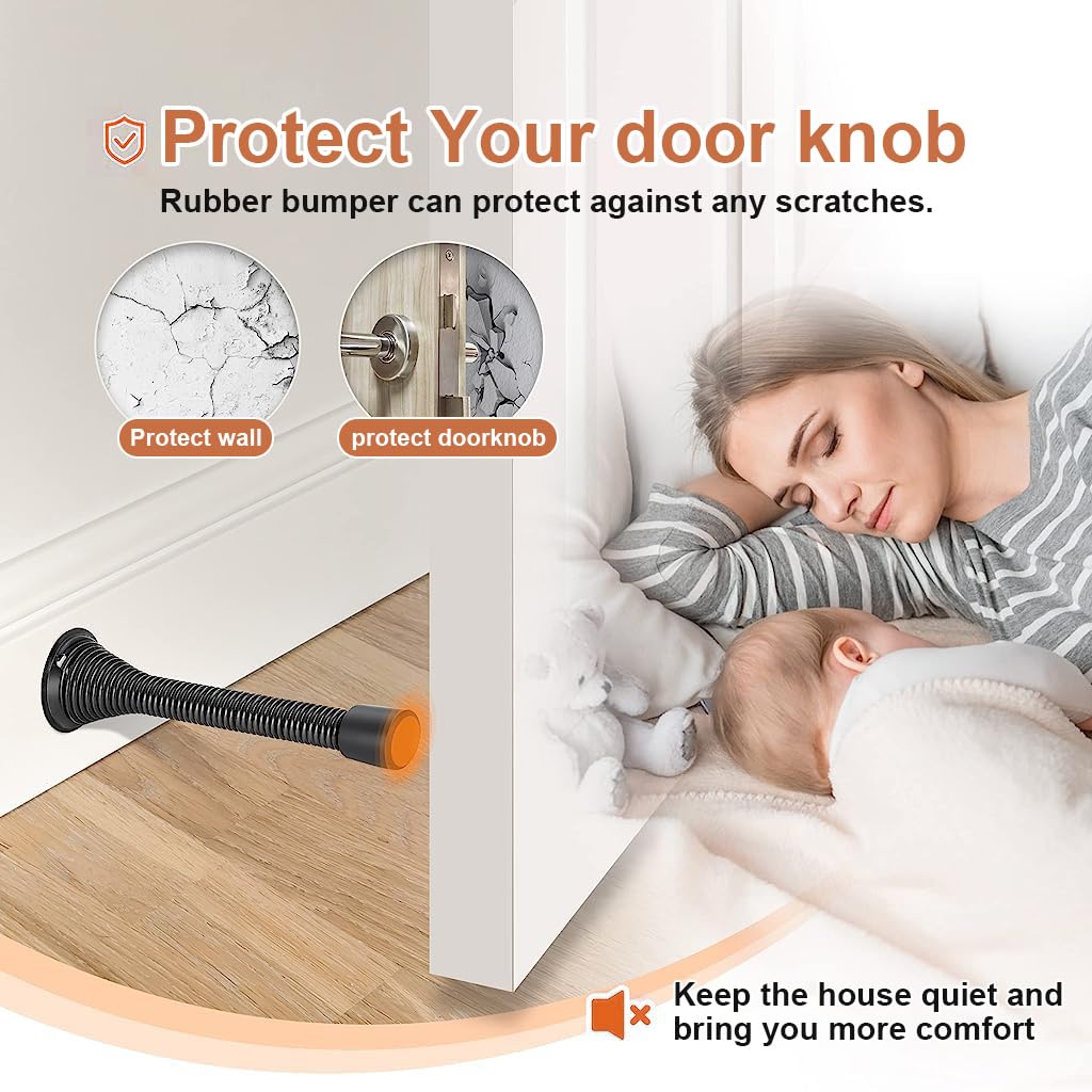 Supvox Door Stops for Baseboards with Screw Mounted Spring Design 6pcs Stainless Steel | Black Rubber Tips for Wall Protection