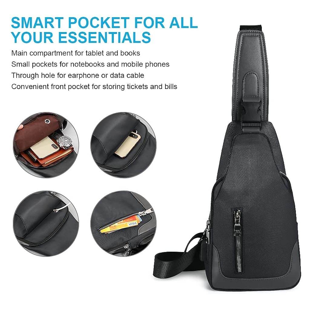 GUSTAVE® Crossbody Bagpack Sling Bag for Men Women Shoulder with Cable Vent Adjustable Strap for Commuting Travel Outdoor Activities Cycling Black 2PCS