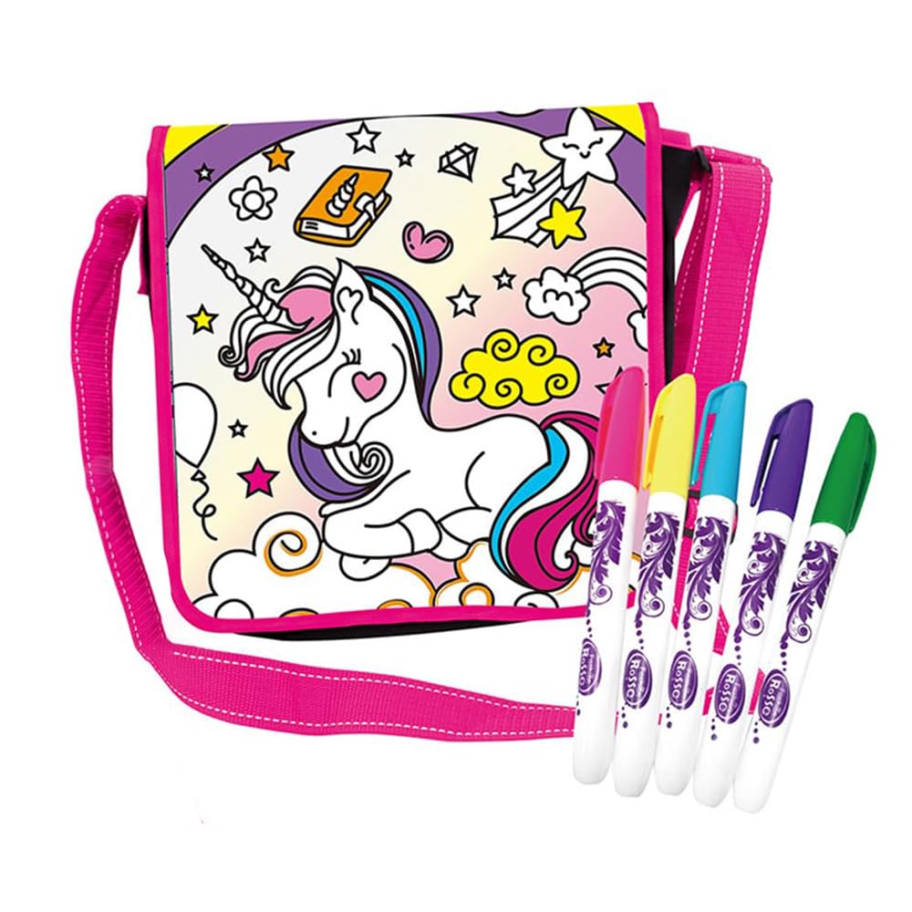 PATPAT® DIY Unicorn Crossbody Bag Kit Coloring Unicorn Print Bag Kit with 5 Color Pens Paint Your Own Doodle Unicorn DIY Messenger Bag with Adjustable Strap Gift for Girls Ages 6-9