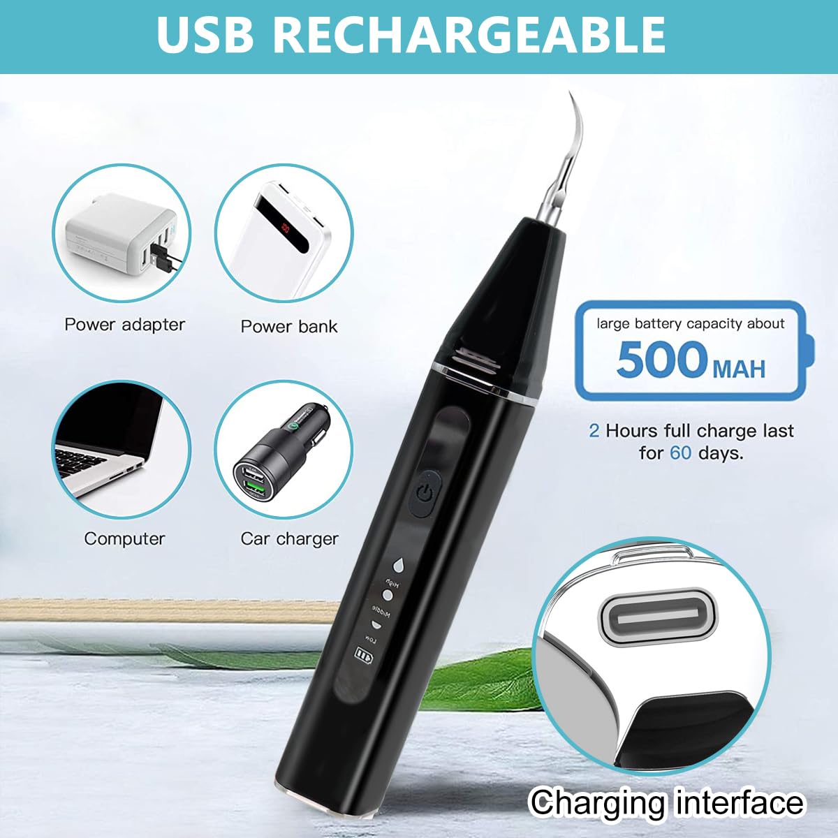 HANNEA Teeth Whitening Kit with LED and 4 Stainless Steel Bits for Deep Cleaning | USB Rechargeable