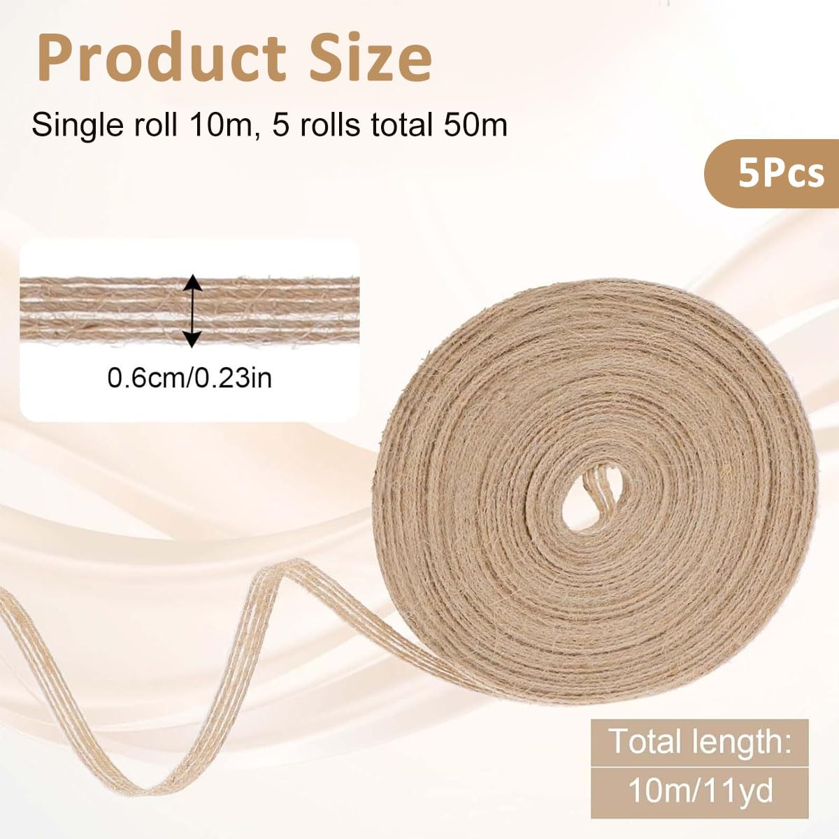 PATPAT Jute Burlap Ribbon for Gift Wrapping and DIY Crafts with 5 Rolls 10 m Each | Natural Fabric Decor