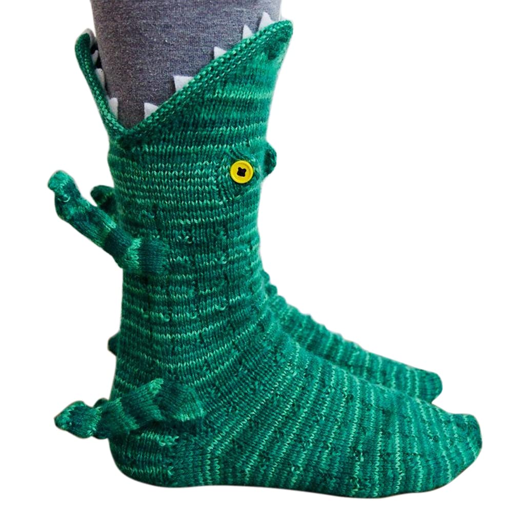 PALAY® Floor Socks Cartoon Crocodile Mid-calf Socks Knit Warm Winter Socks Household Non-slip Cozy Socks for Pajama Party Christmas Gift for Women Teens(Green, One Pair)