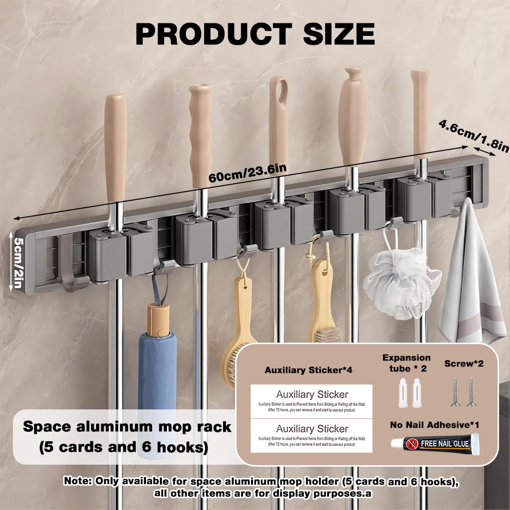 HASTHIP Mop and Broom Holder for Bathroom and Garage with 6 Hooks and Push-in Rail | No-Drill Aluminum Organizer
