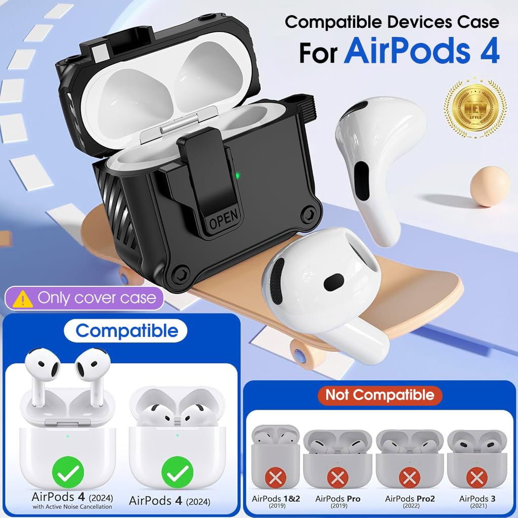 ZORBES® Skin Cover for AirPods 4th Gen Charging Case, TPU Anti-Scratch Case Cover with Safety Lock & Carabiner Fashion Black Earbud Charging Case Cover, No Earbuds and Charging Case Included