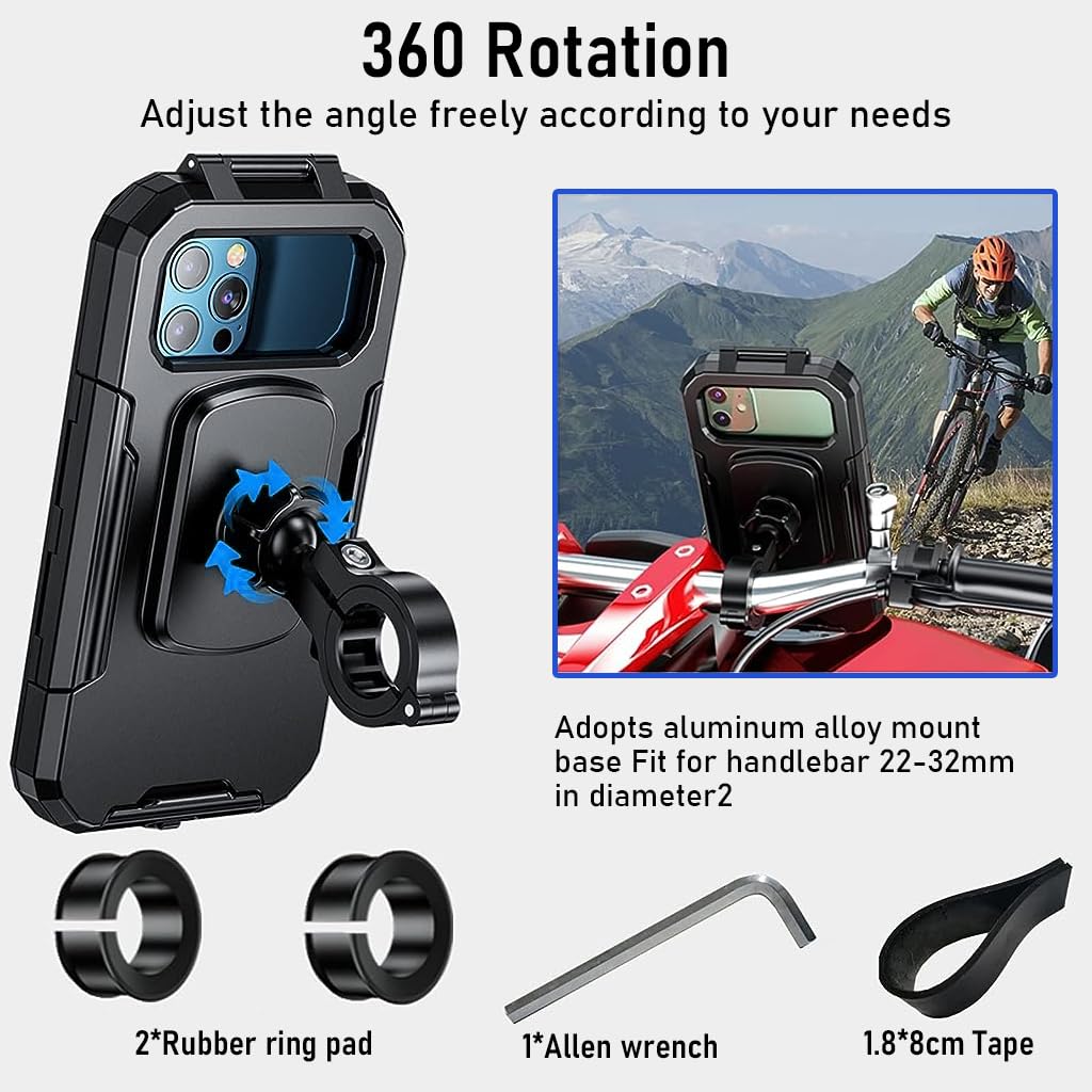 STHIRA® Mobile Holder for Bike, 360 ° Rotatable Outdoor Waterproof Phone Mount Holder with Aluminum Alloy Installation Base Anti-Glare Touch Screen Design Phone Holder for 6.1'' Phone and Below