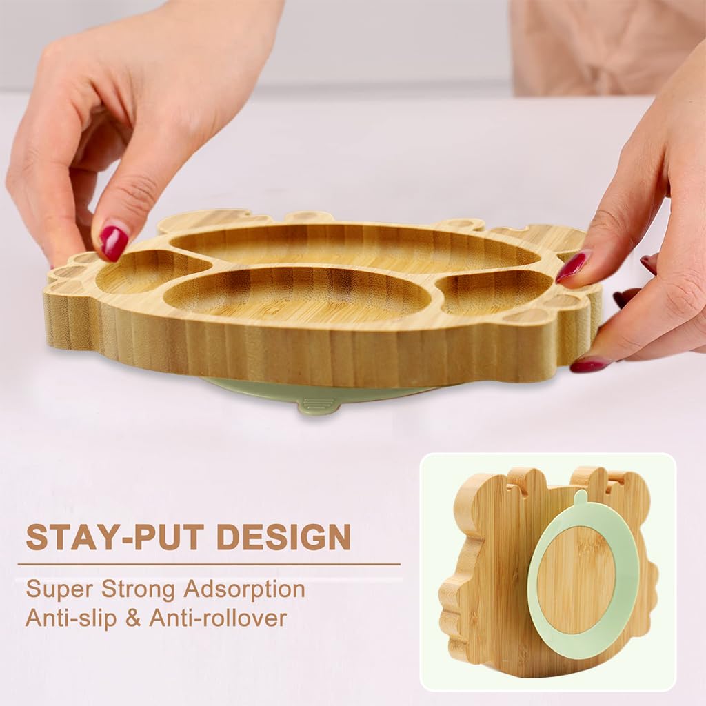 SNOWIE SOFT Baby Plate Kit for Toddlers with 3 Pcs Set featuring Suction Cup Bamboo Dish | BPA-Free and Dishwasher Safe