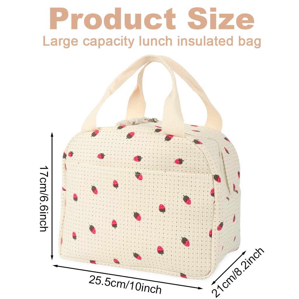 HASTHIP Insulated Lunch Bag for Office with Dual Zipper and 25.5x21x17cm Capacity | Corduroy Strawberry Design
