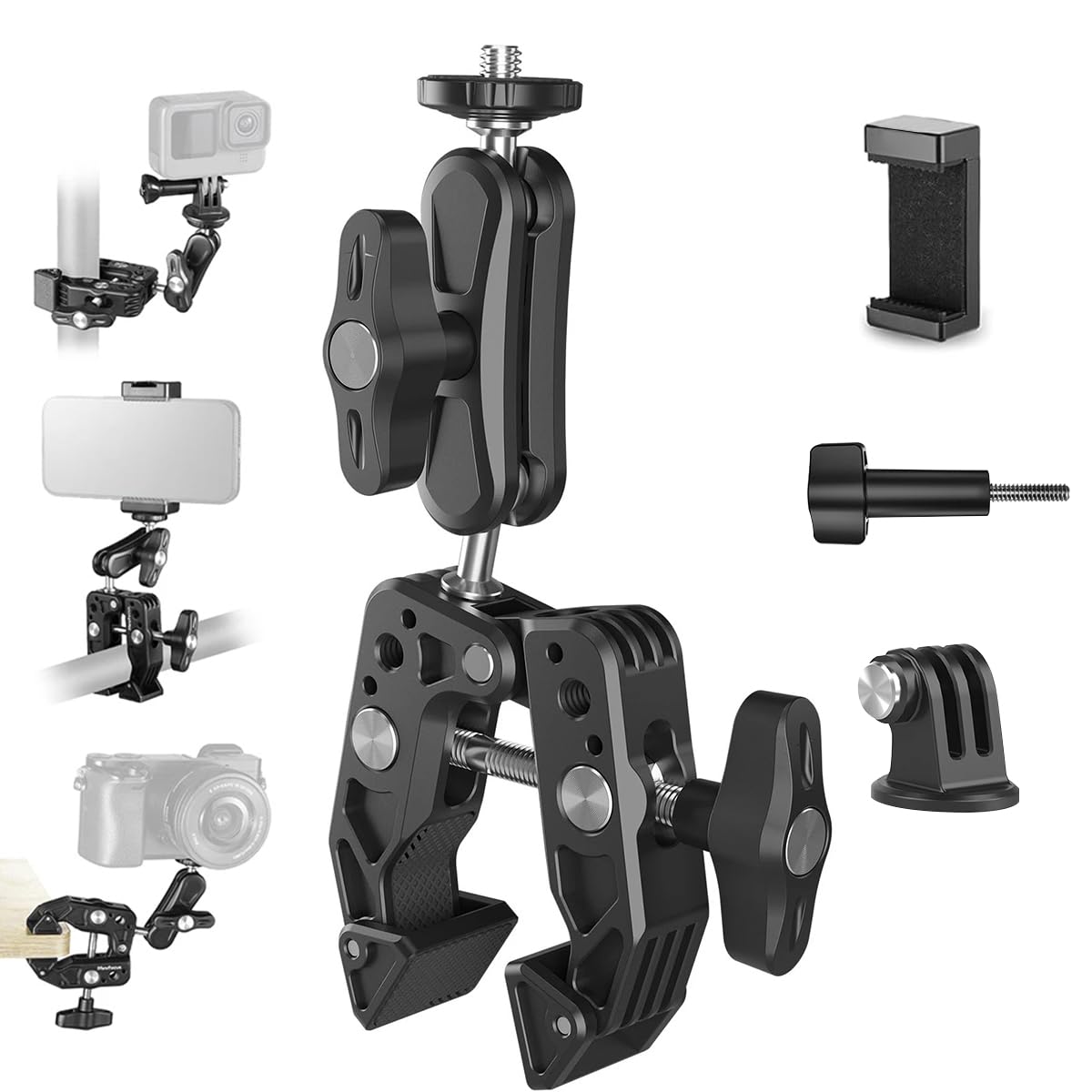 ZORBES Camera Clamp for Tripods and Desks with 360° Dual Ballhead Arm and Aluminum Alloy Build | 0.6–2.4 in Grip Range