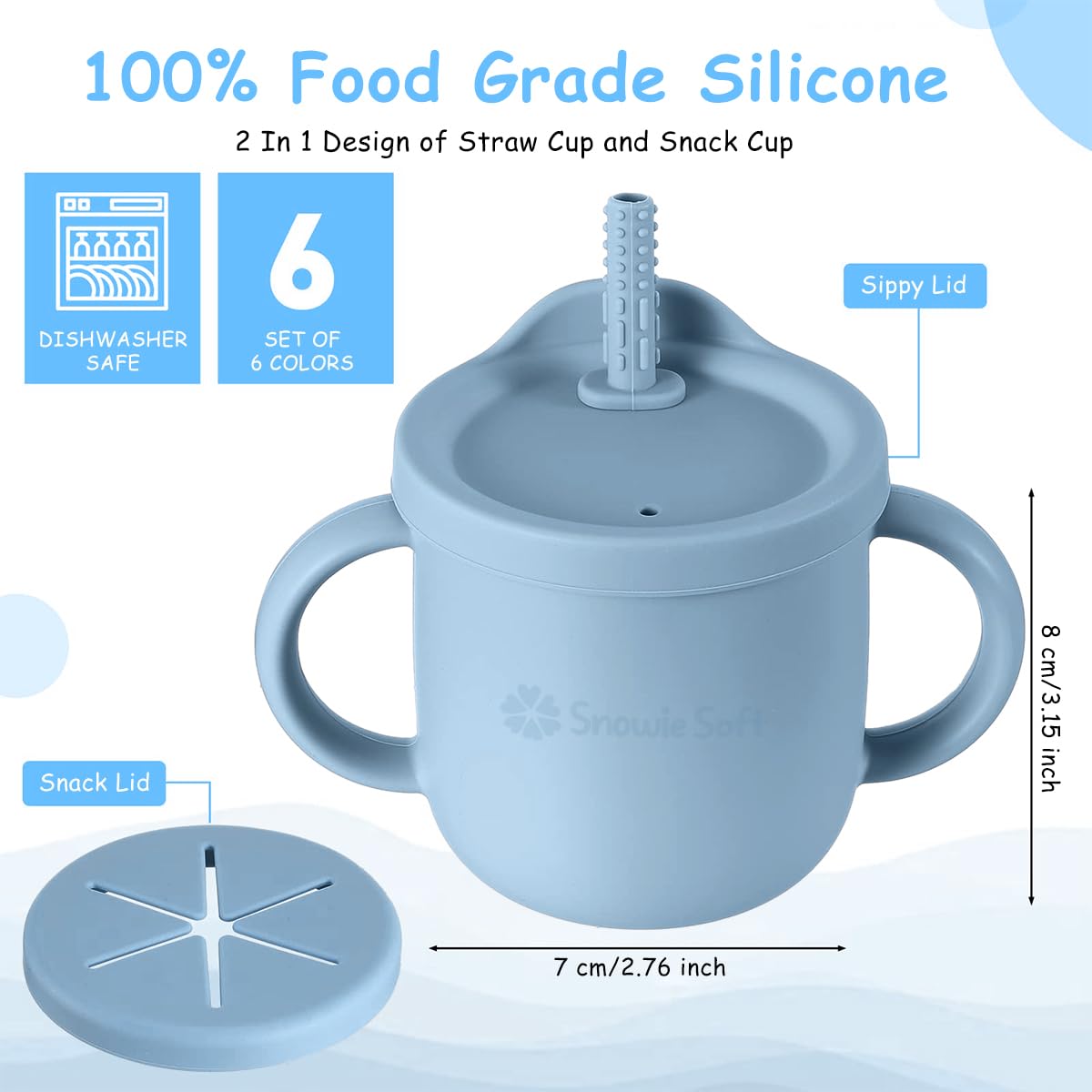 SNOWIE SOFT Silicone Sippy Cup for Baby with 2 in 1 Lid and Teether Straw, 250ml Blue | Spill Proof Training Cup 6–12 Months