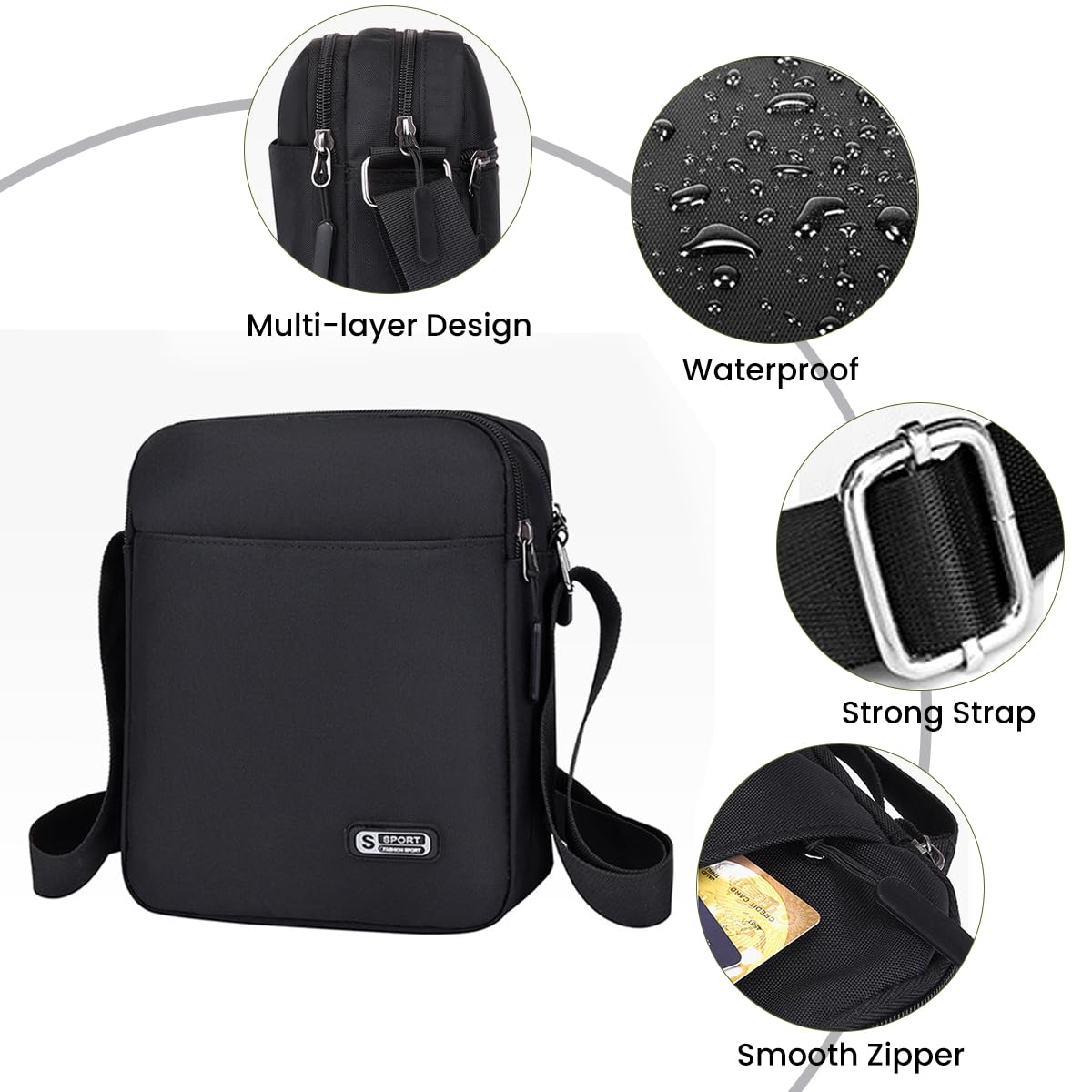 GUSTAVE Sling Bag for Men with Multi Compartments and Waterproof Oxford Cloth 20x7.5x24cm | Classic Black Crossbody for Daily Essentials