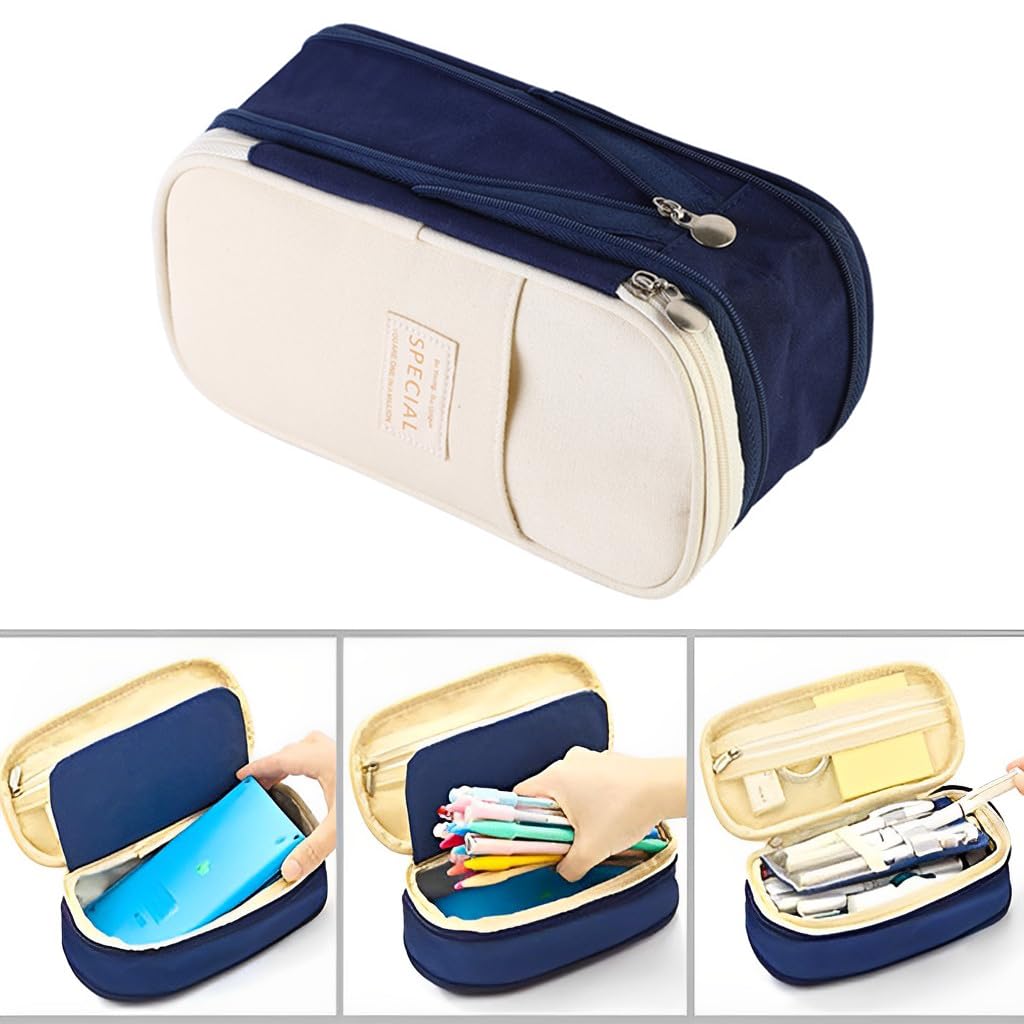 HASTHIP Pencil Pouch for School and Office with Double Zipper Compartments 22x11 cm | Navy Blue Nylon Case