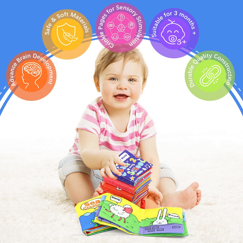 SNOWIE SOFT Cloth Books for Babies 6PCS with Crinkle Pages and Waterproof Design | Early Learning Toy