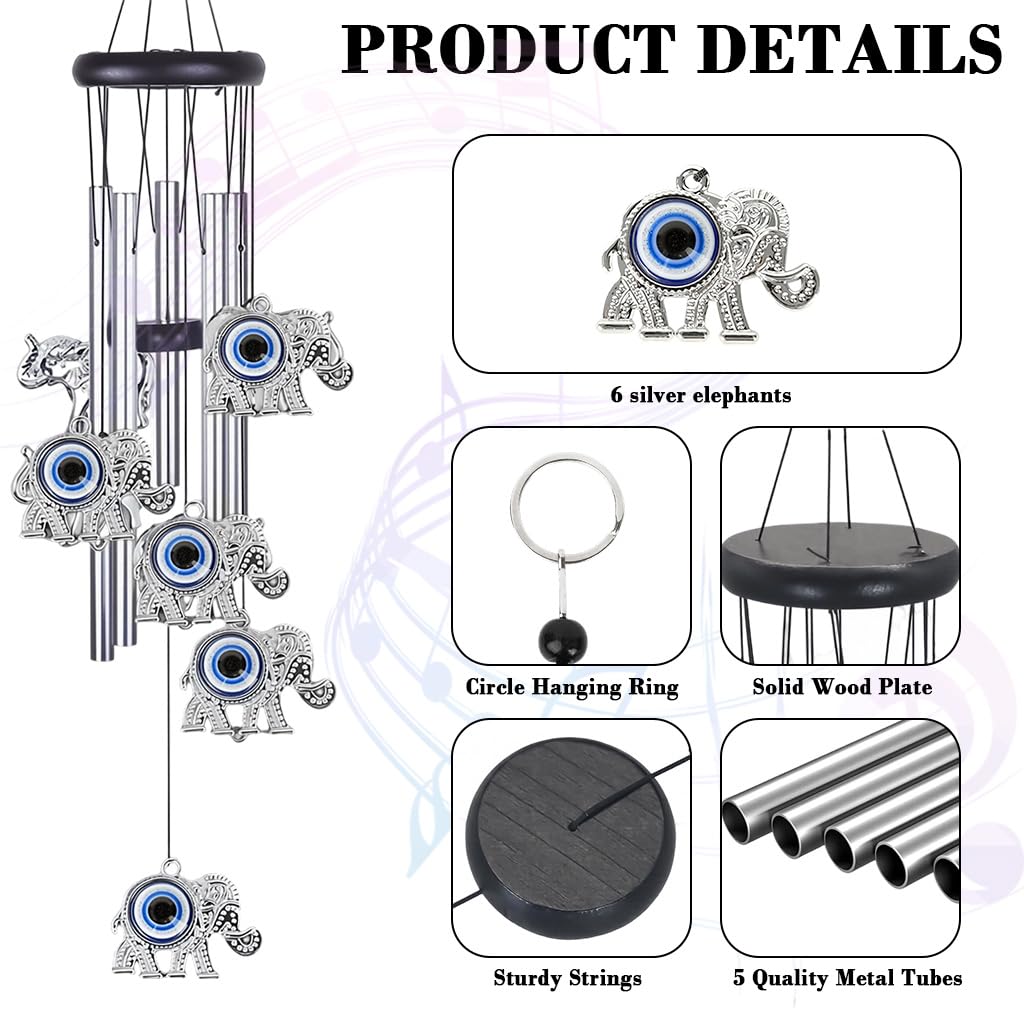 HASTHIP Evil Eye Elephant Wind Chimes for Home Décor with 25 in Aluminum Tubes | Blue Charm for Positive Energy
