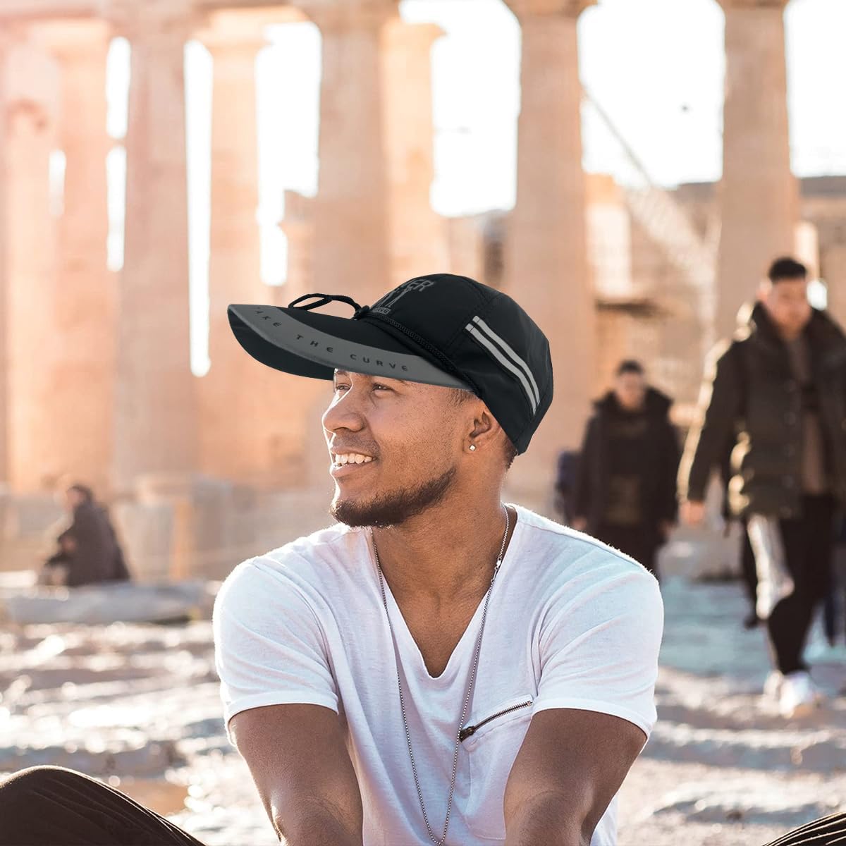 GUSTAVE Sport Baseball Cap for Running and Outdoor Use with 10.5 cm Visor and Chin Cord | Black Unisex UPF50+ Adjustable Hat