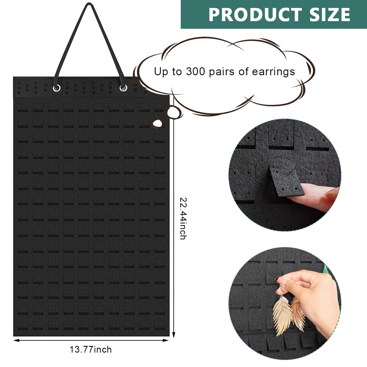 HASTHIP Wall Hanging Earring Organizer Box for Women with 150 Felt Pieces and 300 Pair Capacity | Black Jewelry Display for Earrings Necklaces and Rings