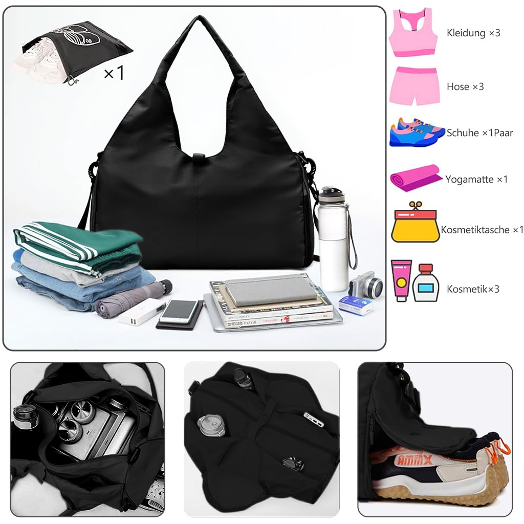 PALAY Women Gym Bag for Travel and Fitness with Shoes Compartment 49x21x25cm Oxford Waterproof Black