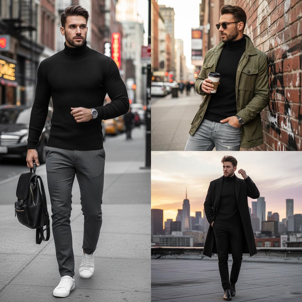 GUSTAVE Men's Turtleneck Sweater for Casual and Winter Wear featuring Fine Knit Craftsmanship and Black Polyester Fabric