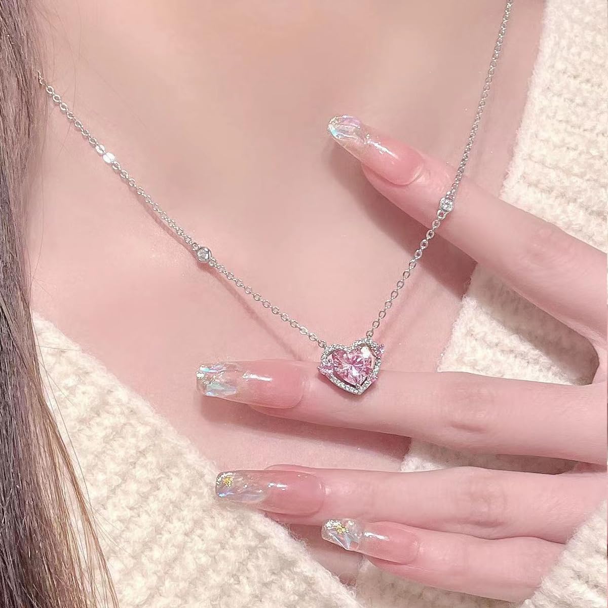 Zibuyu Necklace for Women with Pink Heart Pendant and Rhinestone Inlay | Gift Box Set