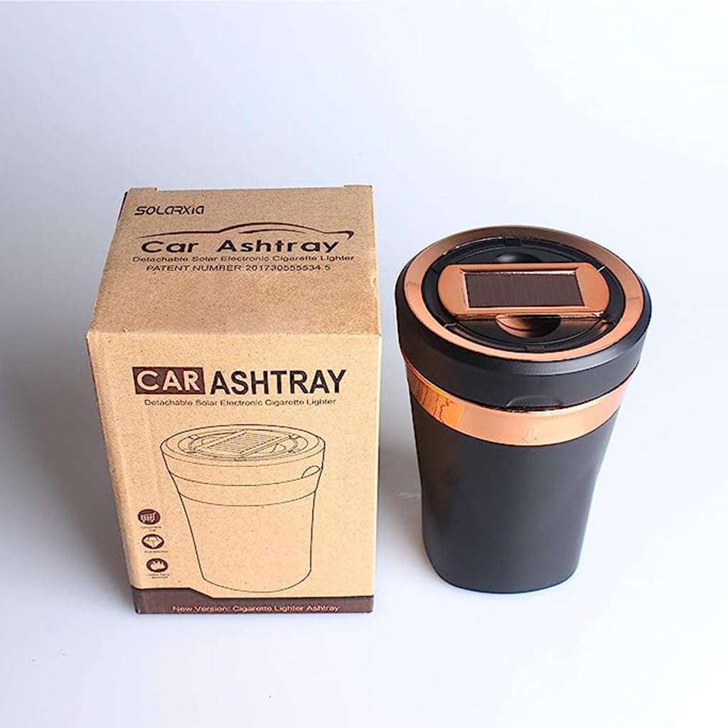 STHIRA Car Ashtray for Vehicle Cup Holder with Solar and USB Electronic Lighter | Black Ceramic Liner