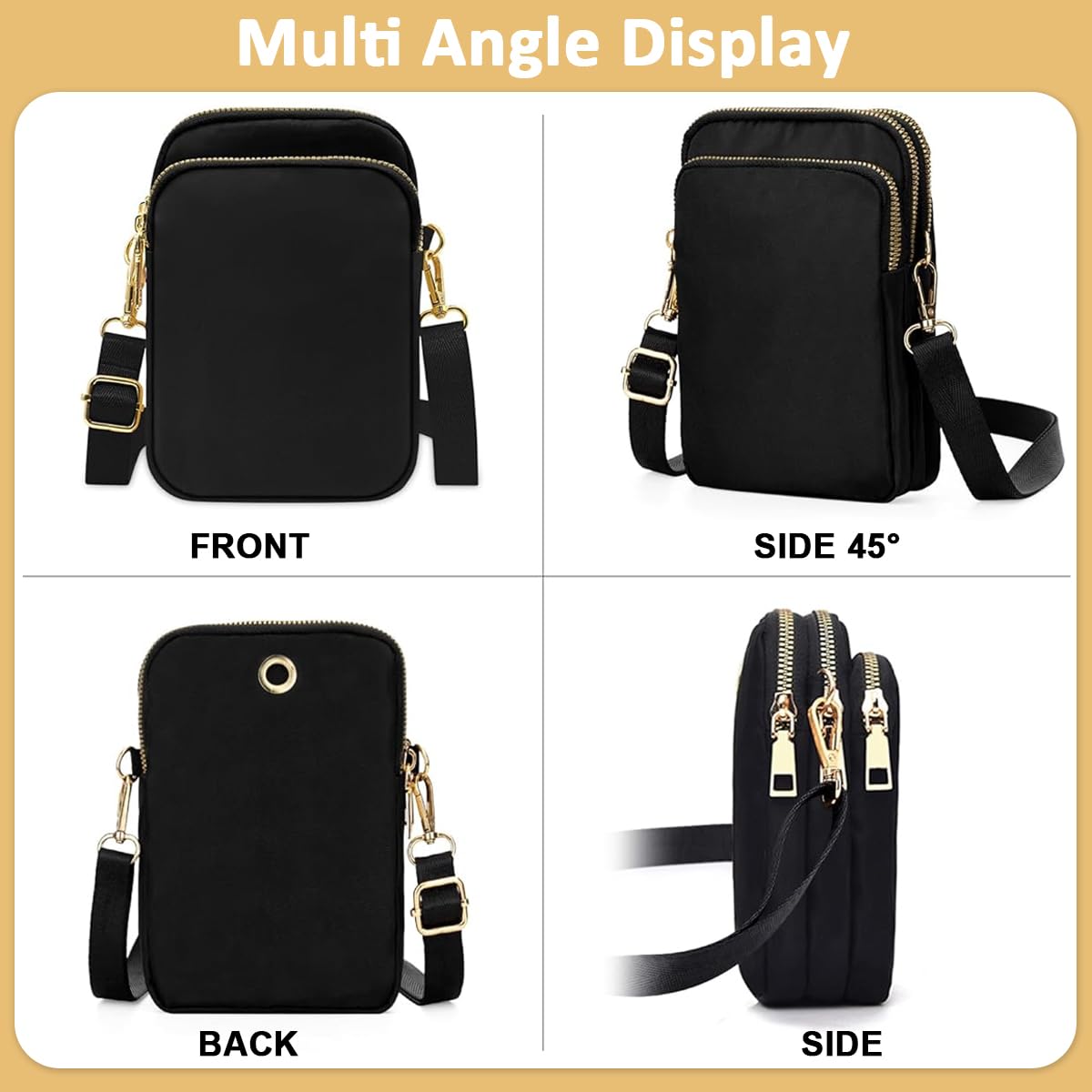 Zibuyu Crossbody Phone Bag for Women with Triple Layer Zipper and Earphone Hole | Black Water Resistant Nylon